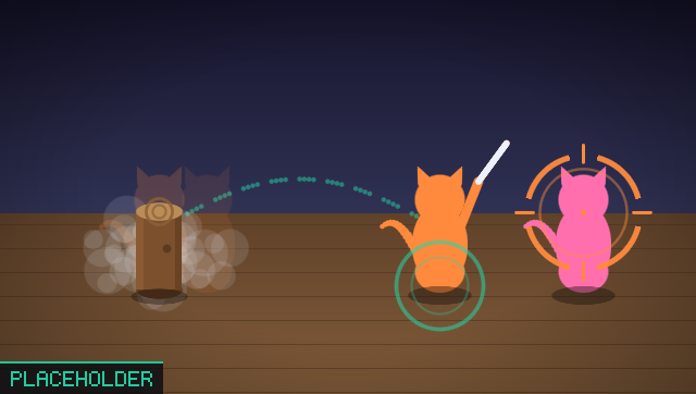 A diagram of the Flash Step: an orange kitten fades out in a puff of smoke leaving a log standing where she was, a dashed jade arc crosses to where she reappears with her katana drawn, and an orange target ring is locked onto the pink kitten she was facing