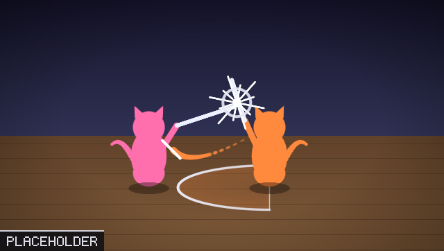 A diagram of the Riposte: a pink kitten lunges with her katana, the orange kitten's raised blade stops it in a burst of light, a white half-circle on the floor shows the side she is guarding, and an orange arc swings back into the pink kitten