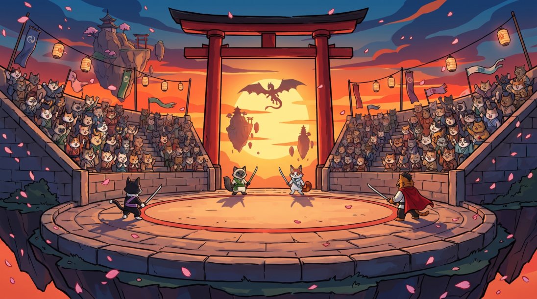 Two cat samurai facing off in the round sky arena while a crowd of cats cheers