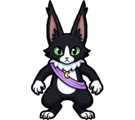 Duskcoat, a tuxedo cat in a purple sash
