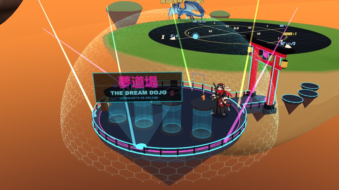 The Dream Dojo: a round pad under a hexagon dome, four glass VR tubes on it, Lionheart standing beside them and a red torii gate at its edge