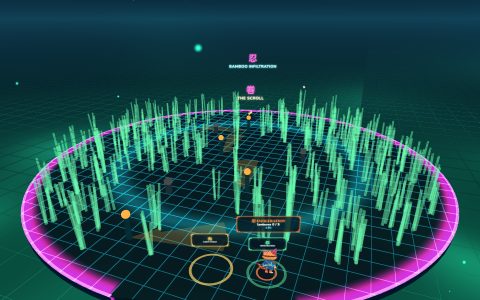 Bamboo Infiltration: a forest of glowing holo-bamboo with a path through it