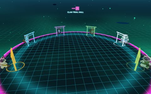 The Clan Trial Hall: six gates round the rim, a holo clan leader beside each