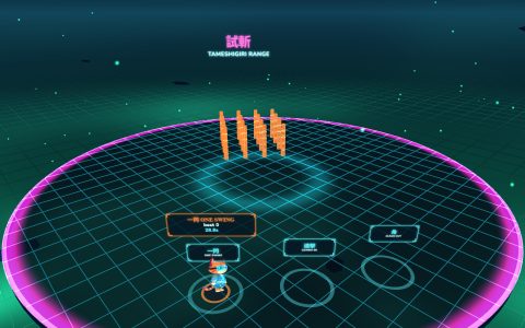 The Tameshigiri Range: a kitten at her mark with a row of orange practice posts across the floor