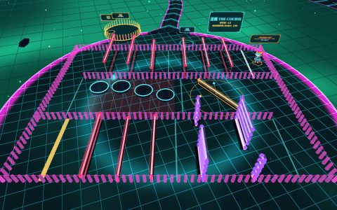 The Sine Gauntlet: one course snaking across the island, laser bars rising and falling over it, and the cheering stands beside it