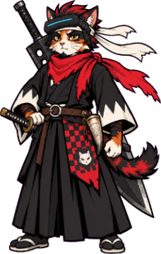 Lionheart: a calico samurai kitten in black with a red scarf, a VR visor on his brow and a big sword on his back