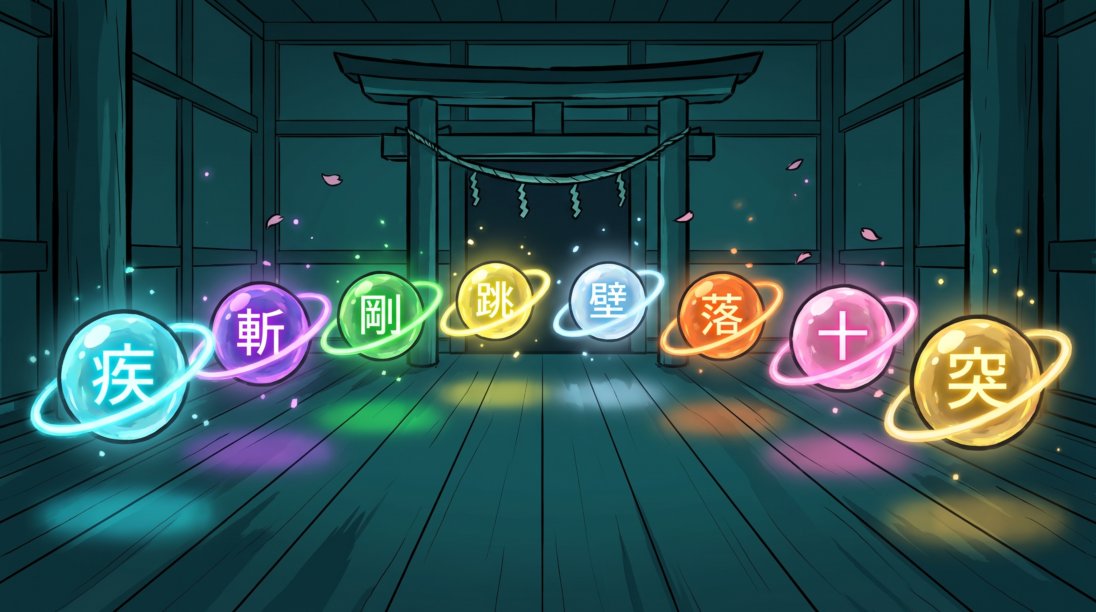 All eight coloured power-up orbs glowing in a row inside the shrine