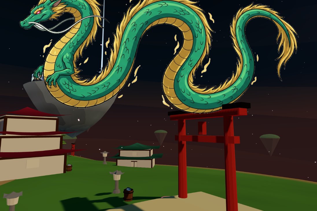 Ryuuseki, a long green-and-gold dragon, rising over the great red torii gate in a dark sky
